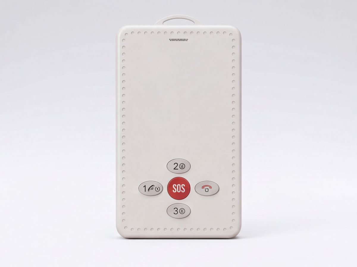 4G smart badge, front view with SOS key and lanyard loop